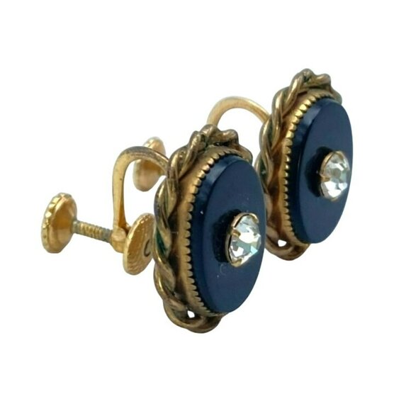 Vintage Art Deco Nouveau Gold Tone Black Rhinestone Screw back Earrings - Picture 2 of 10